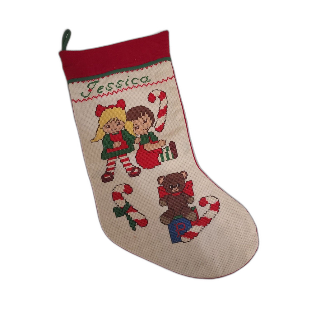 Vintage Handmade Needlepoint Holiday Stocking Jessica